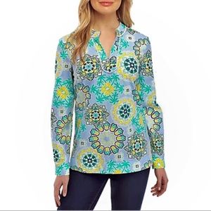 Crown & Ivy Long Sleeve Top Embroidered Print Kurta Shirt Periwinkle Size Small